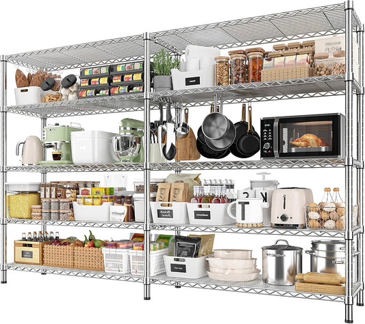 REIBII 69.8" W Storage Shelves 1510LBS Wire Shelving Unit 5 Tier Metal Shelving for Storage Rack Shelves Adjustable Heavy Duty Garage Shelf Pantry Shelves Kitchen Shelving,69.8"Wx15.8"Dx72.4"H,Chrome - NestledHome