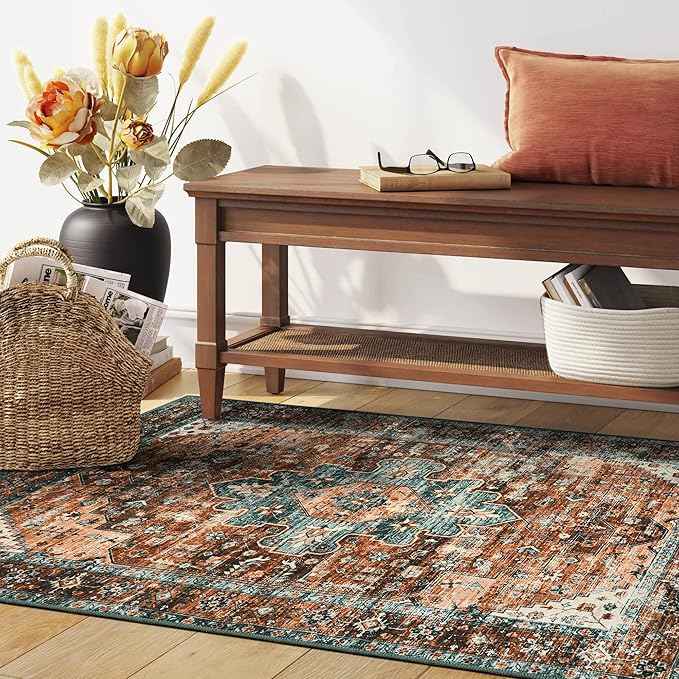 Moynesa Ultra-Thin Washable Vintage Area Rug - 3x5 Boho Non-Slip Entryway Rug Oriental Medallion Living Room Rug Entrance Mat Carpet for Kitchen Laundry Bathroom Bedroom, Brick Red/Dull Teal