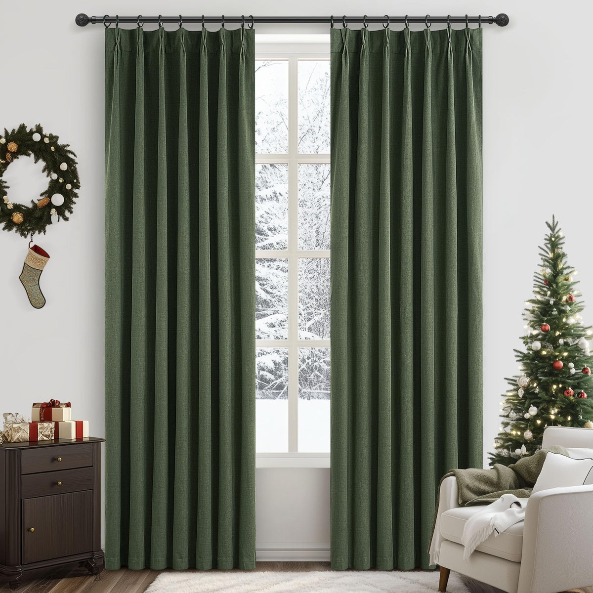 Extra Long Curtain Panels 96 Inches Long Window Curtains & Drapes for Living Room 2 Panels Set Organic Basics Backout Curtains Linen Pinch Pleated for Traverse Rods Dark Academia Olive Green (2 Count)
