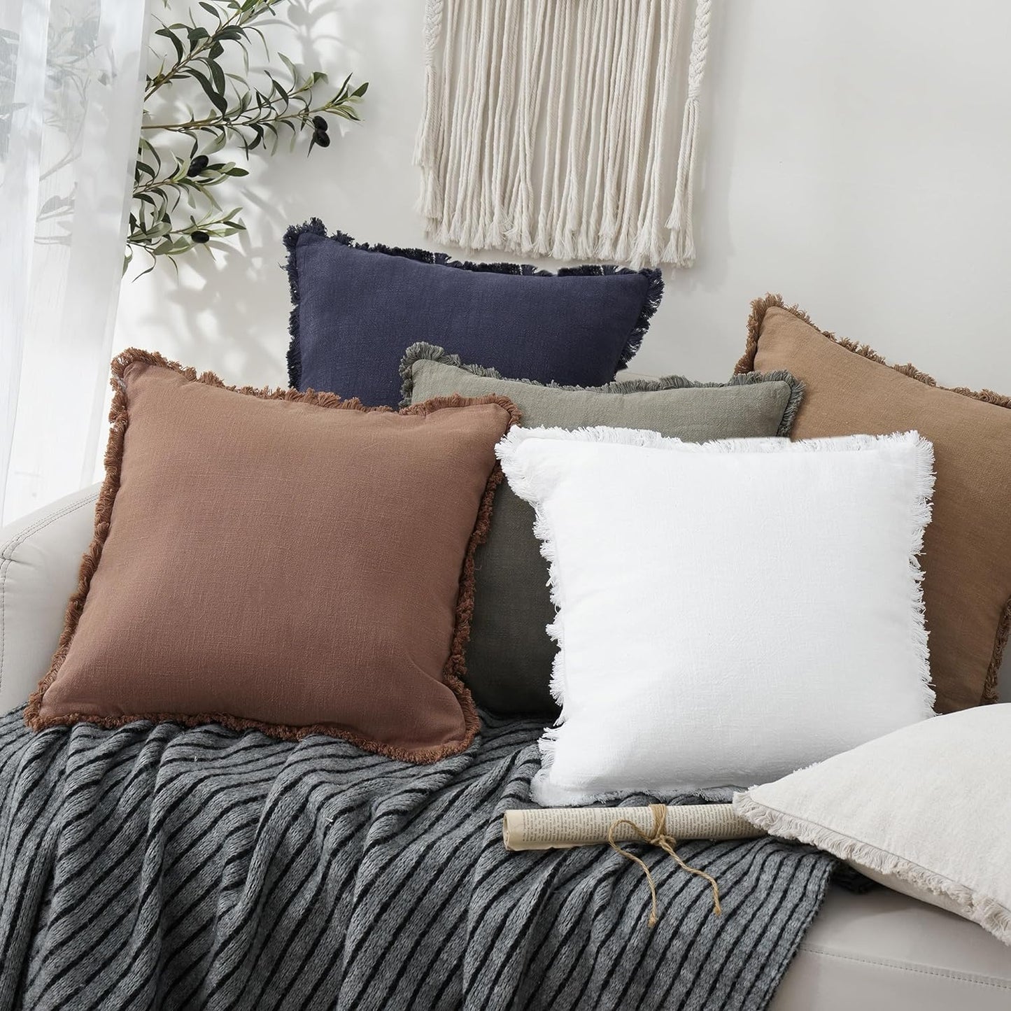 Foindtower Set of 2 Decorative Linen Fringe Throw Pillow Covers Cozy Boho Farmhouse Cushion Cover with Tassels Soft Accent Pillowcase for Couch Sofa Bed Living Room Home Decor, 24×24 Inch, Rust