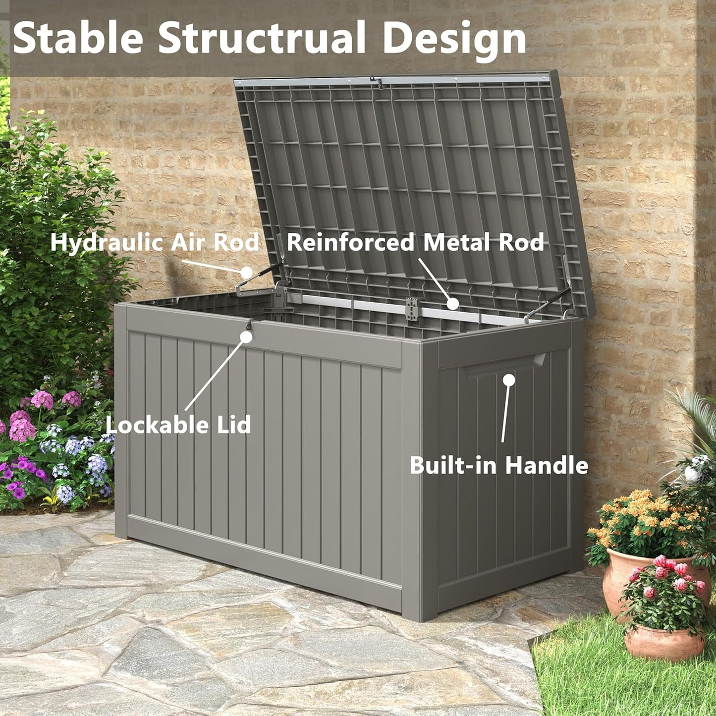 KAMABOKO 230 Gallon Outdoor Storage Box, Resin Deck Boxes Indoor and outdoor, Waterproof Storage Box Lockable Lid for Garden Tools, Package Delivery, Patio Cushions, Grey