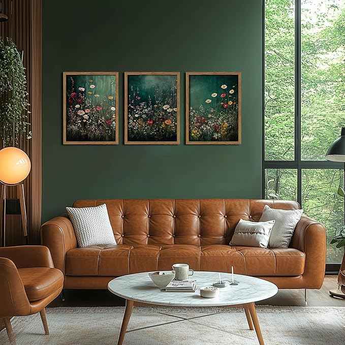 Vintage Wildflower Wall Art Set of 3, Moody Dark Green Flower Botanical Wall Decor Paintings,Nature Floral Farmhouse Landscape Posters Prints Pictures for Living Room Bedroom 16x24 Inch Wood Framed