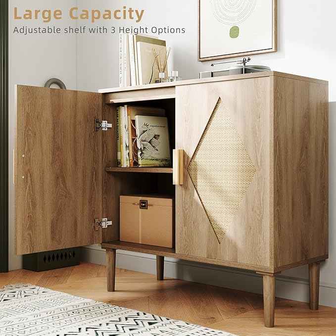GarveeHome Buffet Cabinet with Storage, Storage Cabinet with 2 Rattan Decorated, Sideboard Cabinets, Accent Cabinets for Living Room, Dining Room, Entryway, Natural