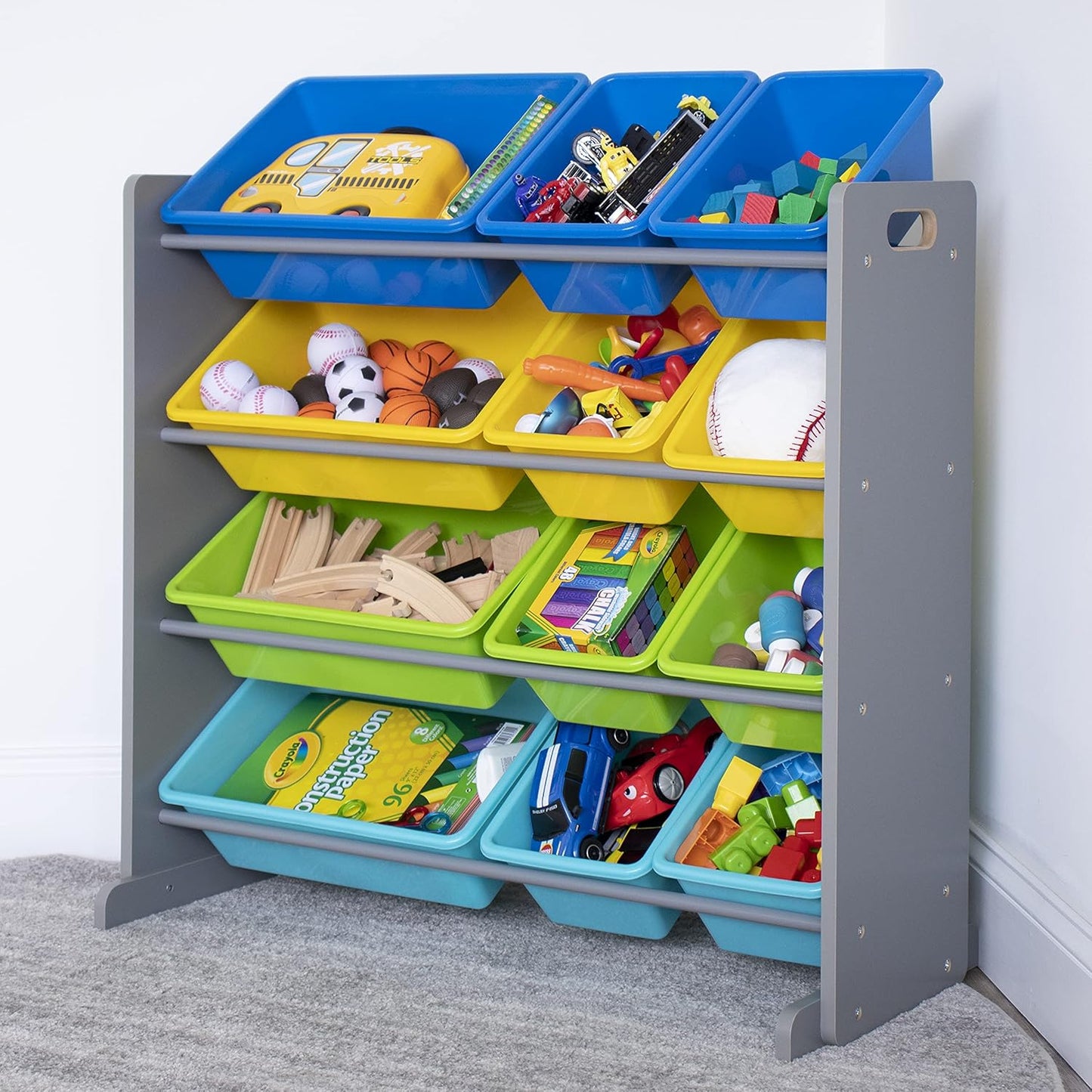 Humble Crew Kids Toy Storage Organizer with 12 Plastic Bins, Grey/Blue/Green/Yellow – Removable Bins for Playroom, Bedroom, Toddler Furniture for Boys and Girls Ages - NestledHome