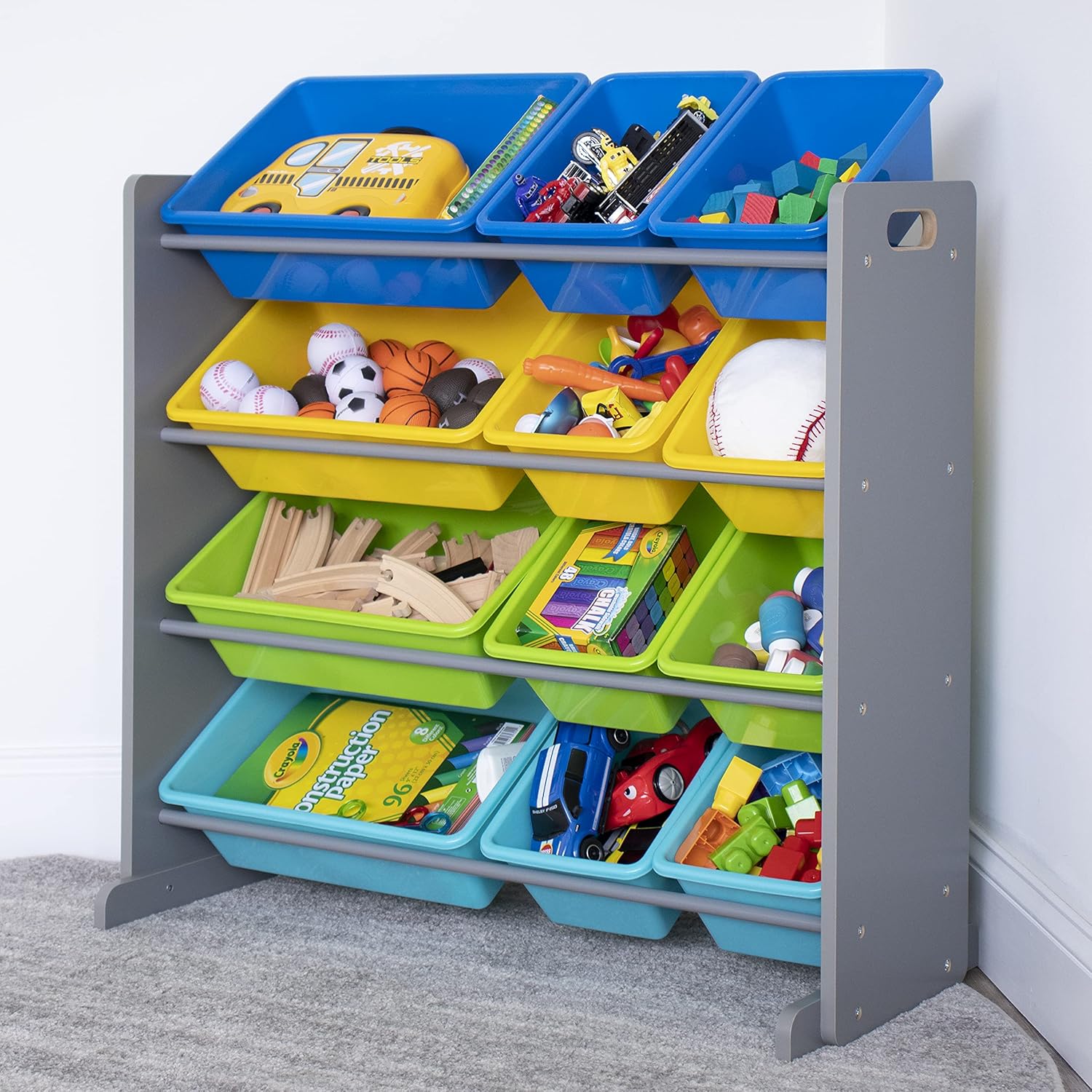 Humble Crew Kids Toy Storage Organizer with 12 Plastic Bins, Grey/Blue/Green/Yellow – Removable Bins for Playroom, Bedroom, Toddler Furniture for Boys and Girls Ages - NestledHome