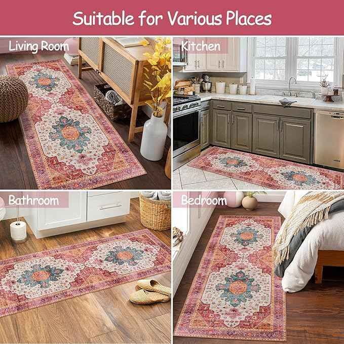 Moynesa Ultra-Thin Washable Pink Runner Rug - 2x6 Washable Long Hallway Rug Runner Kitchen Mat, Oriental Medallion Laundry Room Carpet Runner for Powder Dressing Room Cabinet Bedside Bathroom