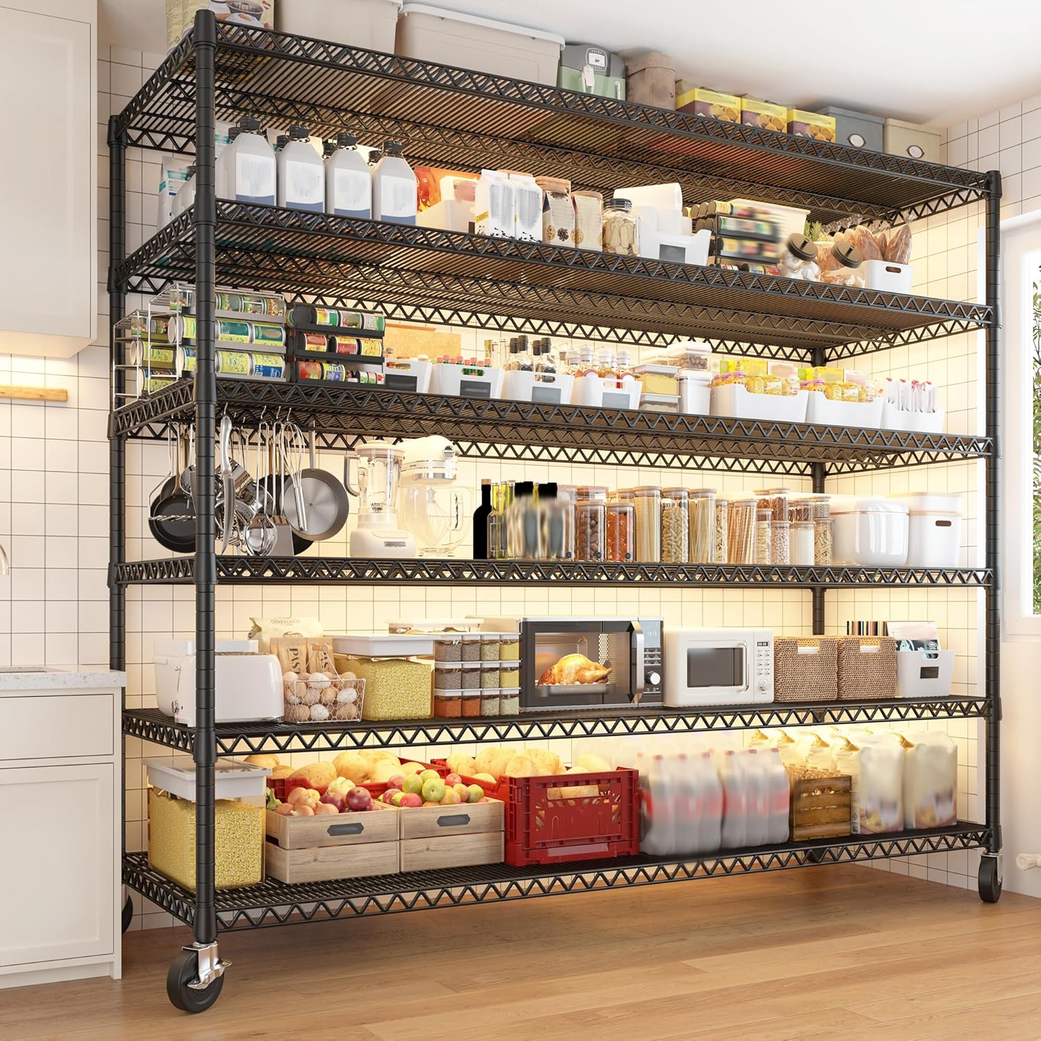 REIBII 60''W X 82.6" H Steel Heavy Duty Wire Shelving Unit with Wheels, 6-Tier Adjustable Storage Shelves 3598LBS Commercial Metal Shelves for Pantry, Garage, College Dorm School Industrial Shelving - NestledHome