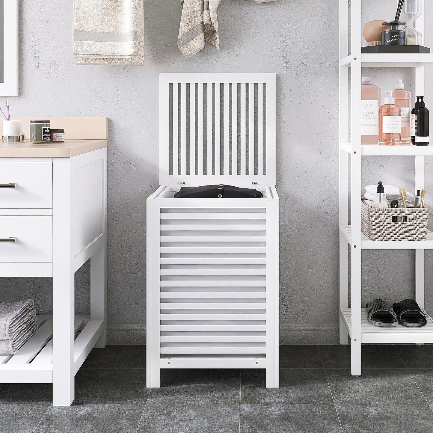 SMIBUY Double Laundry Hamper with Lid, 120L Bamboo Laundry Basket with Removable Liner Bag, 2-Section Clothes Divider Laundry Sorter for Laundry Room, Bathroom, Bedroom (White) - NestledHome
