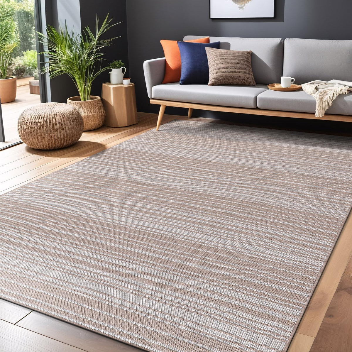 Stripe Outdoor Rug 6x9 Washable Outside Carpet for Indoor Patio Porch Waterproof Easy Cleaning Non Shedding Area Rugs Beige 6 x 9