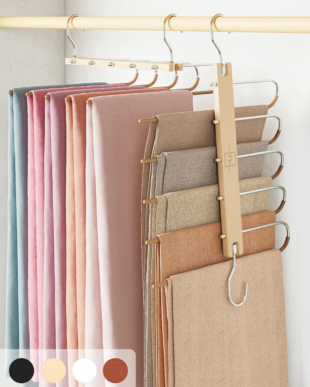 MORALVE Pants Hangers Space Saving - 2 Pack European Beechwood Scarf and Jean Hangers - Closet Organizer and Space Saver Pant Rack, Leggings Hanger, and Scarf Holder with 360° Swivel Hook - NestledHome