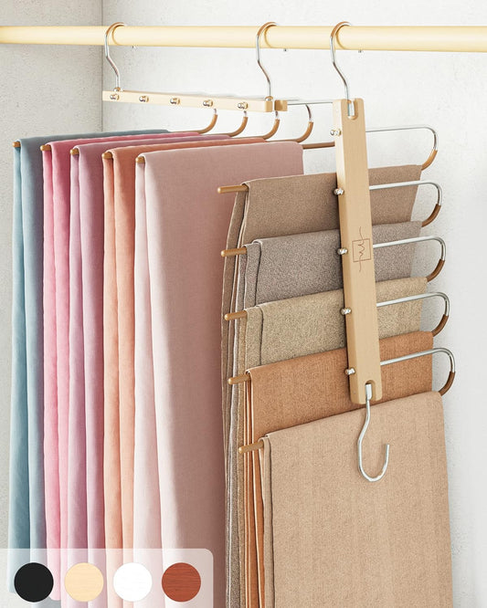 MORALVE Pants Hangers Space Saving - 2 Pack European Beechwood Scarf and Jean Hangers - Closet Organizer and Space Saver Pant Rack, Leggings Hanger, and Scarf Holder with 360° Swivel Hook - NestledHome