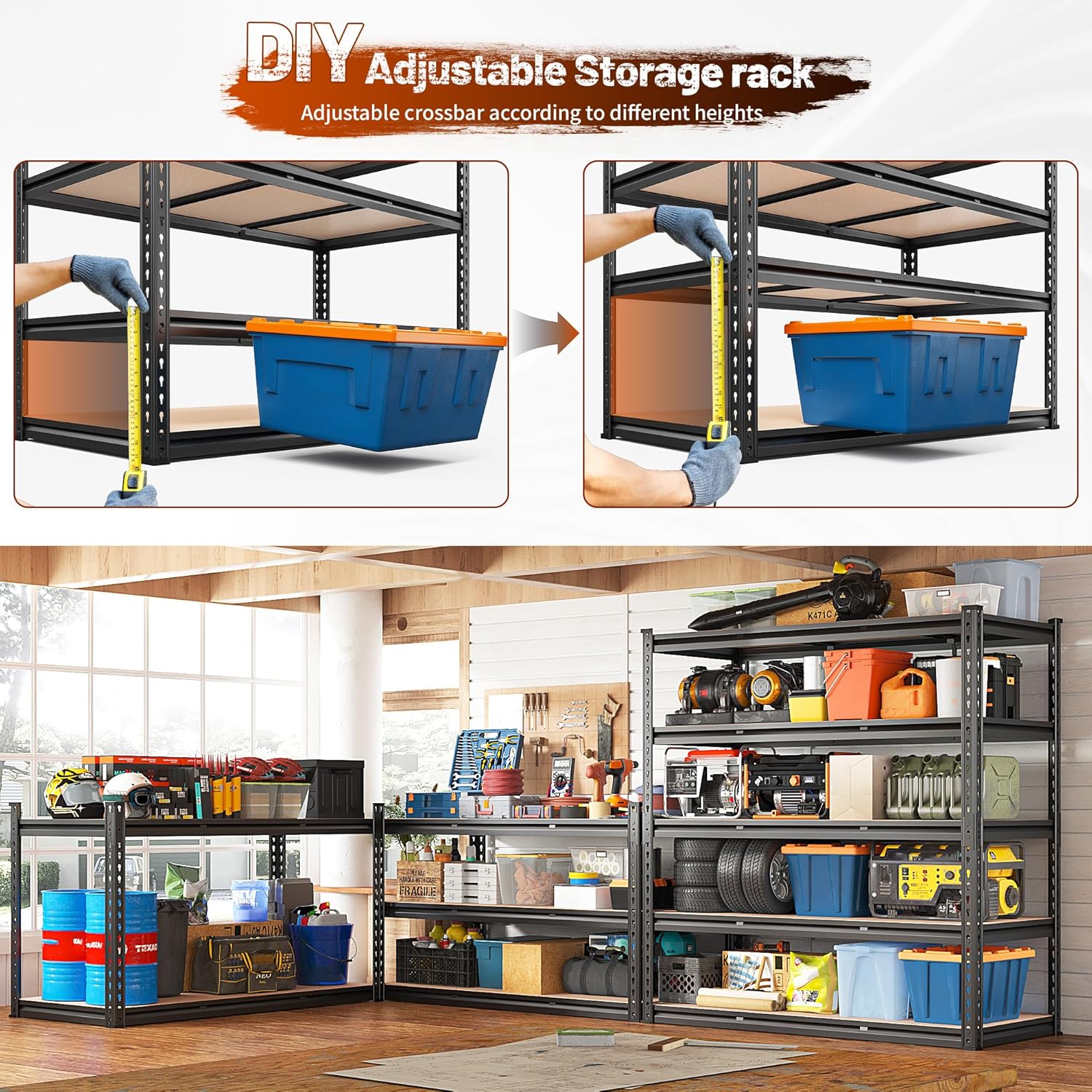 REIBII 48.2" W Garage Shelving, Storage Shelves Load 3000LBS, Adjustable Garage Shelving Heavy Duty for Pantry, Basement, Warehouse, 48.2" W X 71.9" H X 24" D, Black - NestledHome