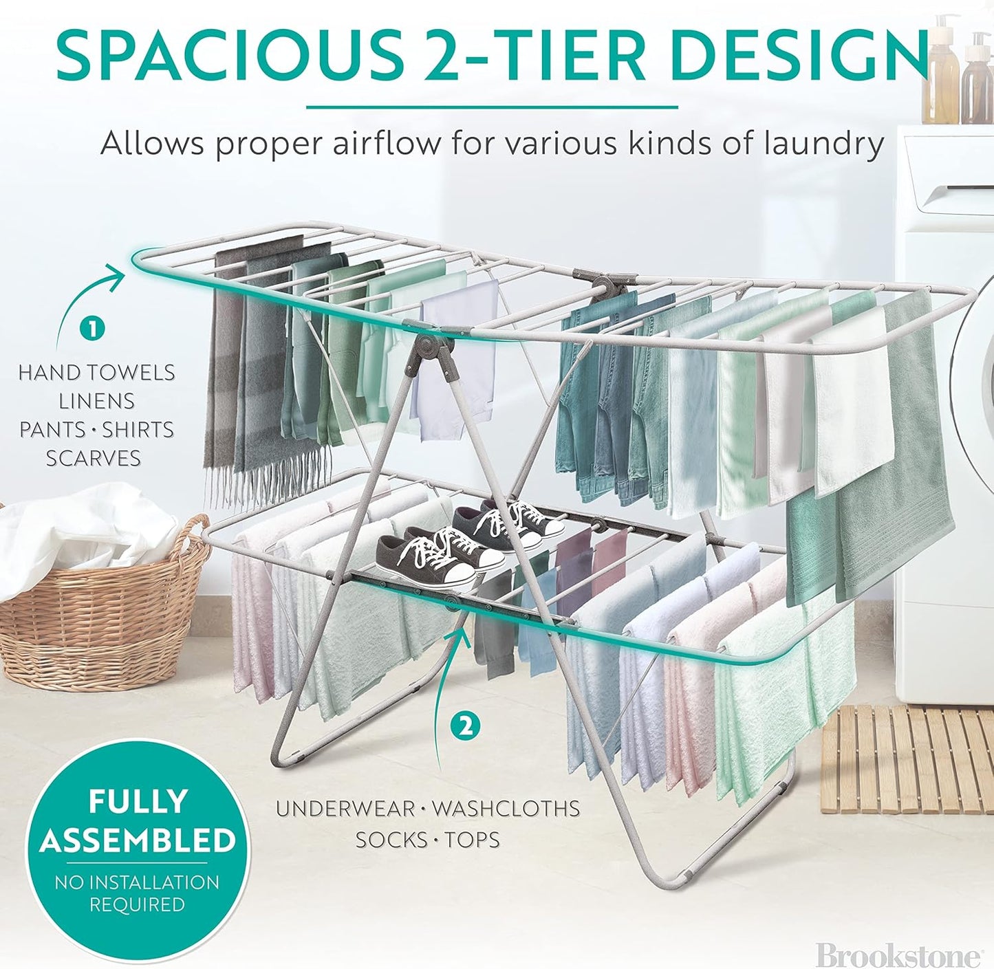 Brookstone – Extra Large – Double Spaced - 2 Tier Collapsible Clothes Drying Rack, Indoor/Outdoor Folding Hanging Garment Stand [NO Assembly - Ready Out of The Box] - NestledHome