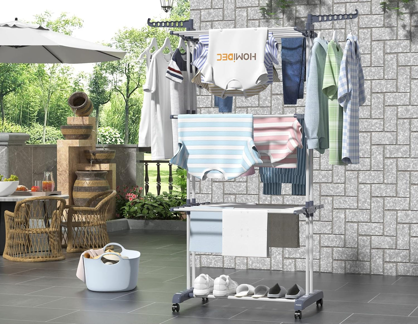 HOMIDEC Clothes Drying Rack, Oversized 4-Tier(67.7" High) Foldable Stainless Steel Drying Rack Clothing, Movable Drying Rack with 4 castors, 24 Drying Poles and 14 Hooks for Bed Linen, Clothing, Grey - NestledHome