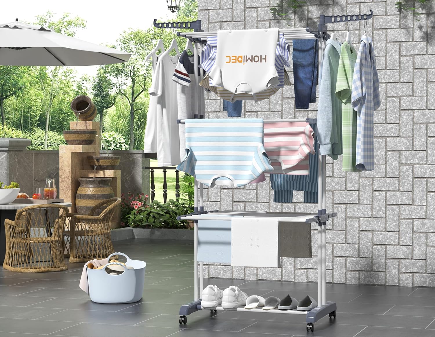 HOMIDEC Clothes Drying Rack, Oversized 4-Tier(67.7" High) Foldable Stainless Steel Drying Rack Clothing, Movable Drying Rack with 4 castors, 24 Drying Poles and 14 Hooks for Bed Linen, Clothing, Grey - NestledHome