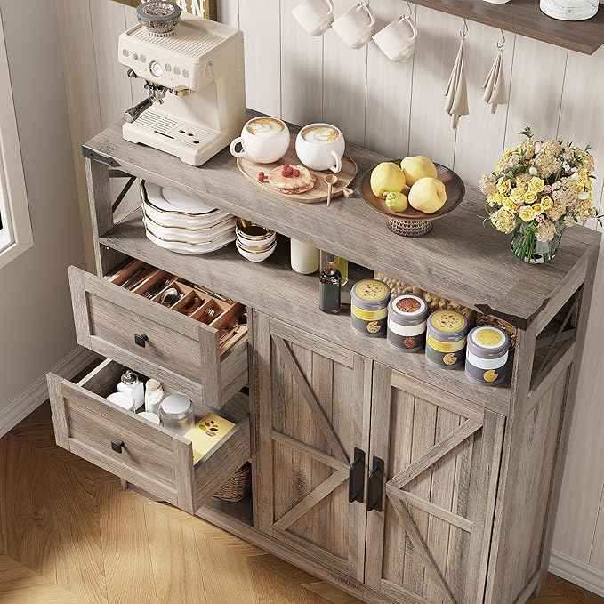 Vabches Farmhouse Buffet Sideboard Cabinet with Drawers and Open Shelf, 38.5" Storage Cabinet with Adjustable Shelves and Door, Modern Coffee Bar Hutch Pantry for Kitchen, Living Room, Entryway, Grey