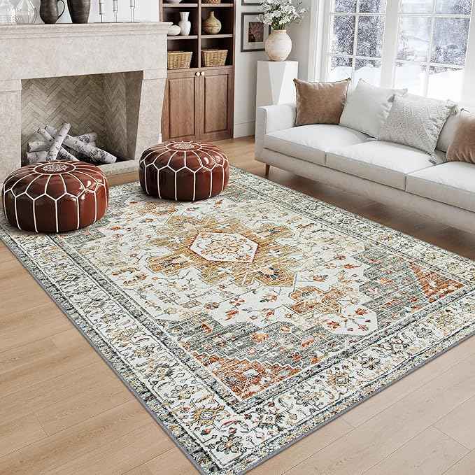 Moynesa Ultra-Thin Vintage Area Rug 6x9, Large Living Room Rugs for Bedroom Aesthetic, Washable Carpet for Under Dining Room Table, Oriental Medallion Printed Low Pile Mat for Office Playroom Dorm