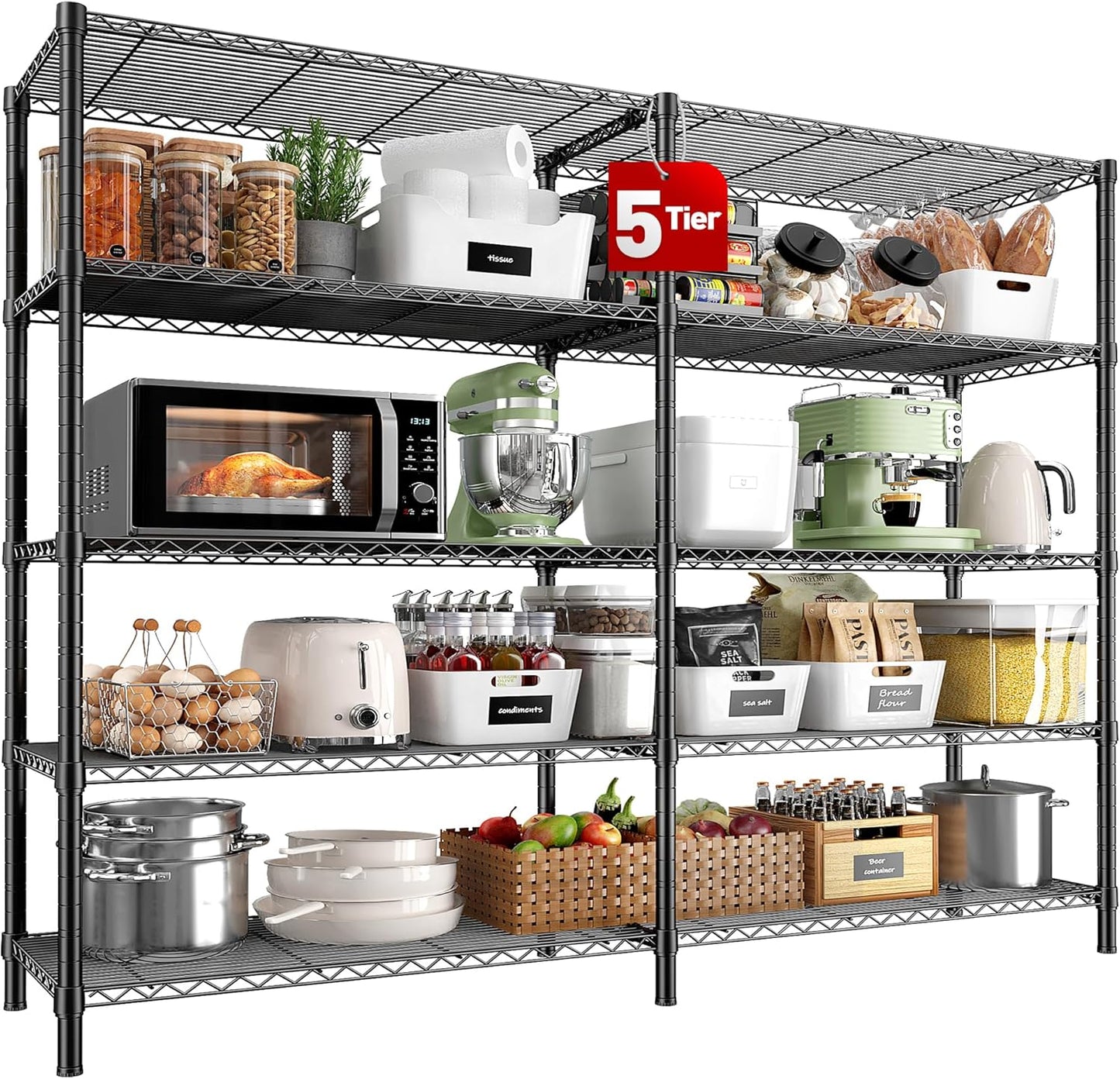 REIBII 5 Tier Wire Shelving Storage Shelves Loads 1430LBS, 58" W Metal Shelving for Storage Adjustable Shelving Unit Heavy Duty Garage Shelves Pantry Shelves Kitchen, Black - NestledHome