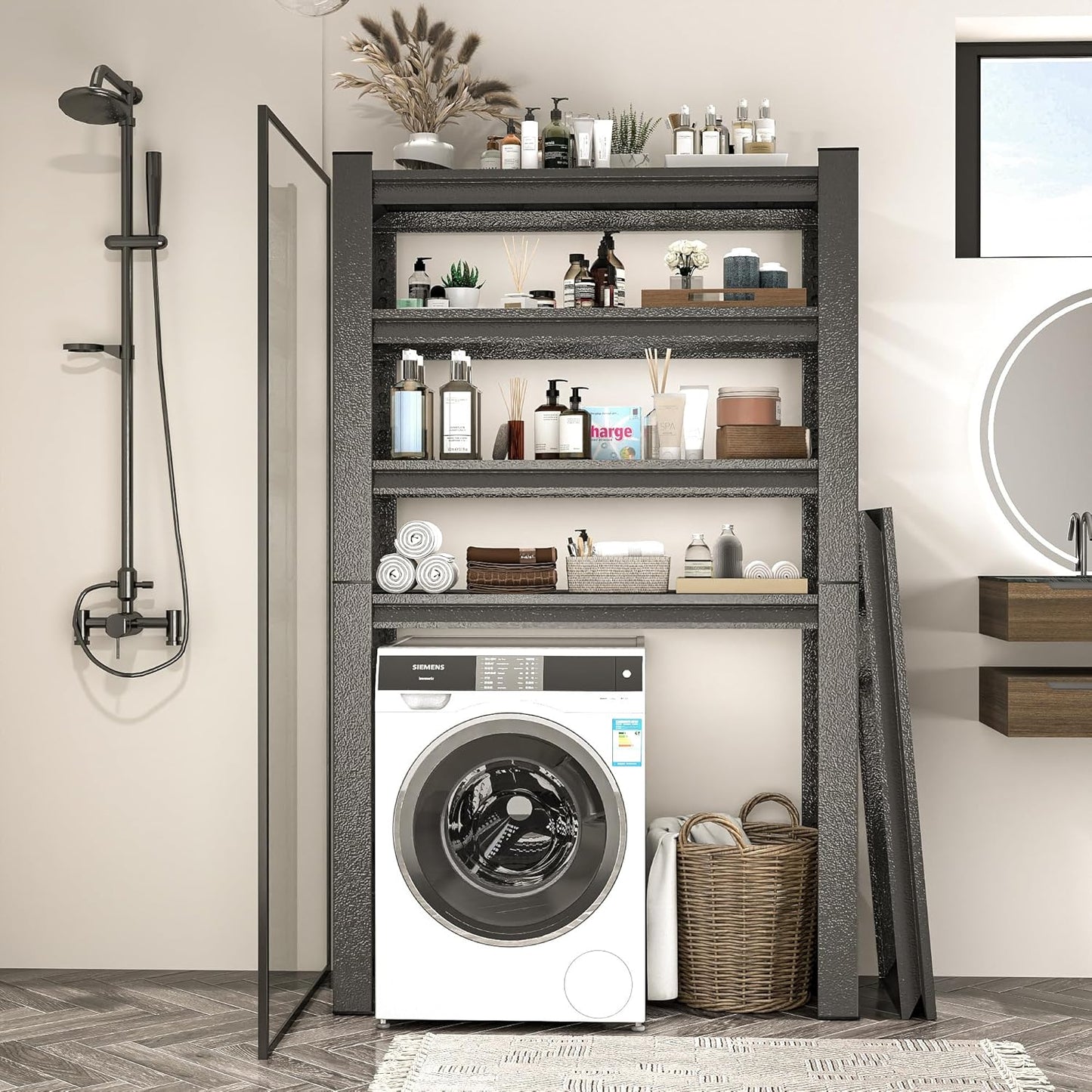 Over Washer and Dryer Storage Shelves,5 Tiers Laundry Room Standing Shelf,Adjustable Metal Shelving Unit,Space Saving Shelf, 63" H x 31.5" W x 15.7" D, Black - NestledHome