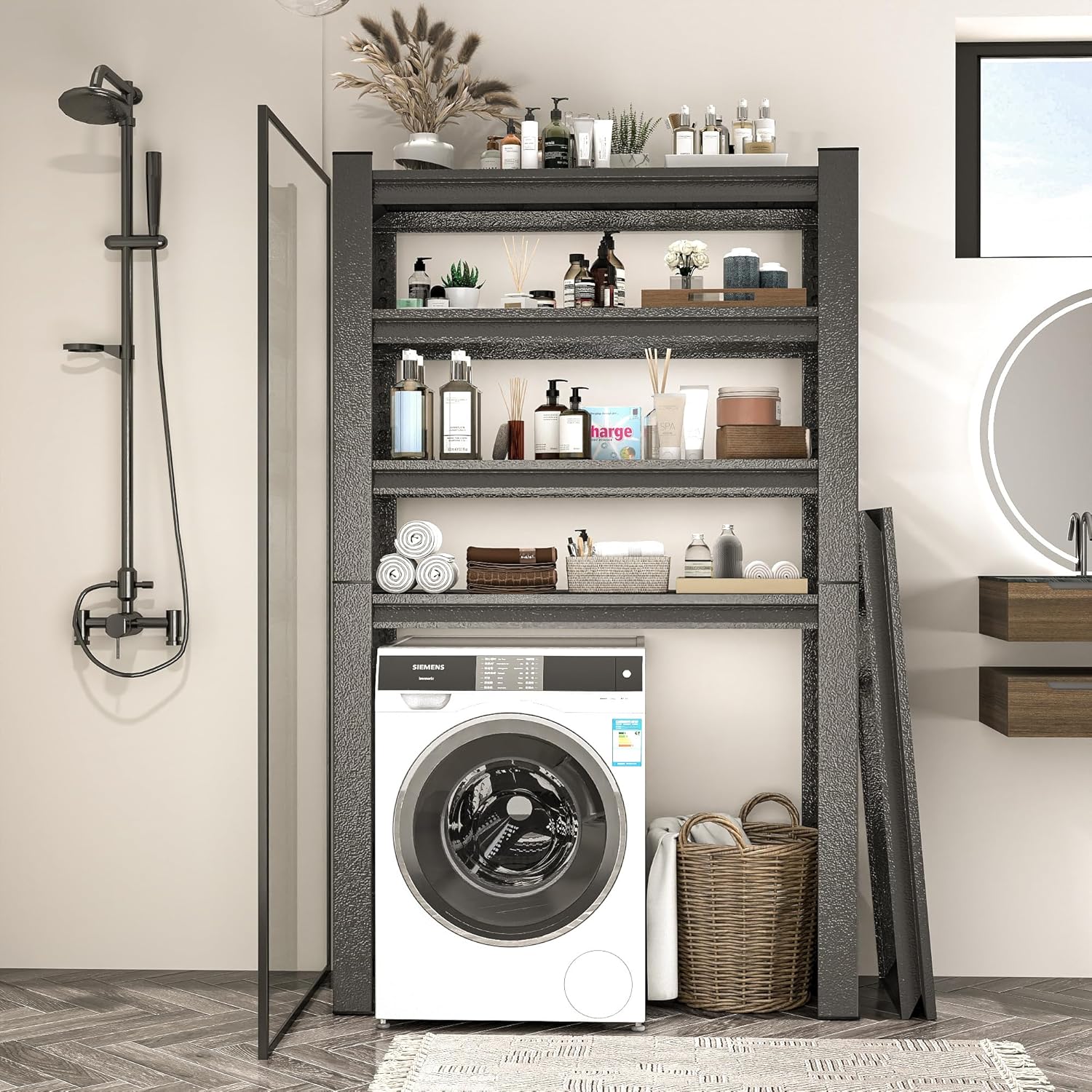 Over Washer and Dryer Storage Shelves,5 Tiers Laundry Room Standing Shelf,Adjustable Metal Shelving Unit,Space Saving Shelf, 63" H x 31.5" W x 15.7" D, Black - NestledHome