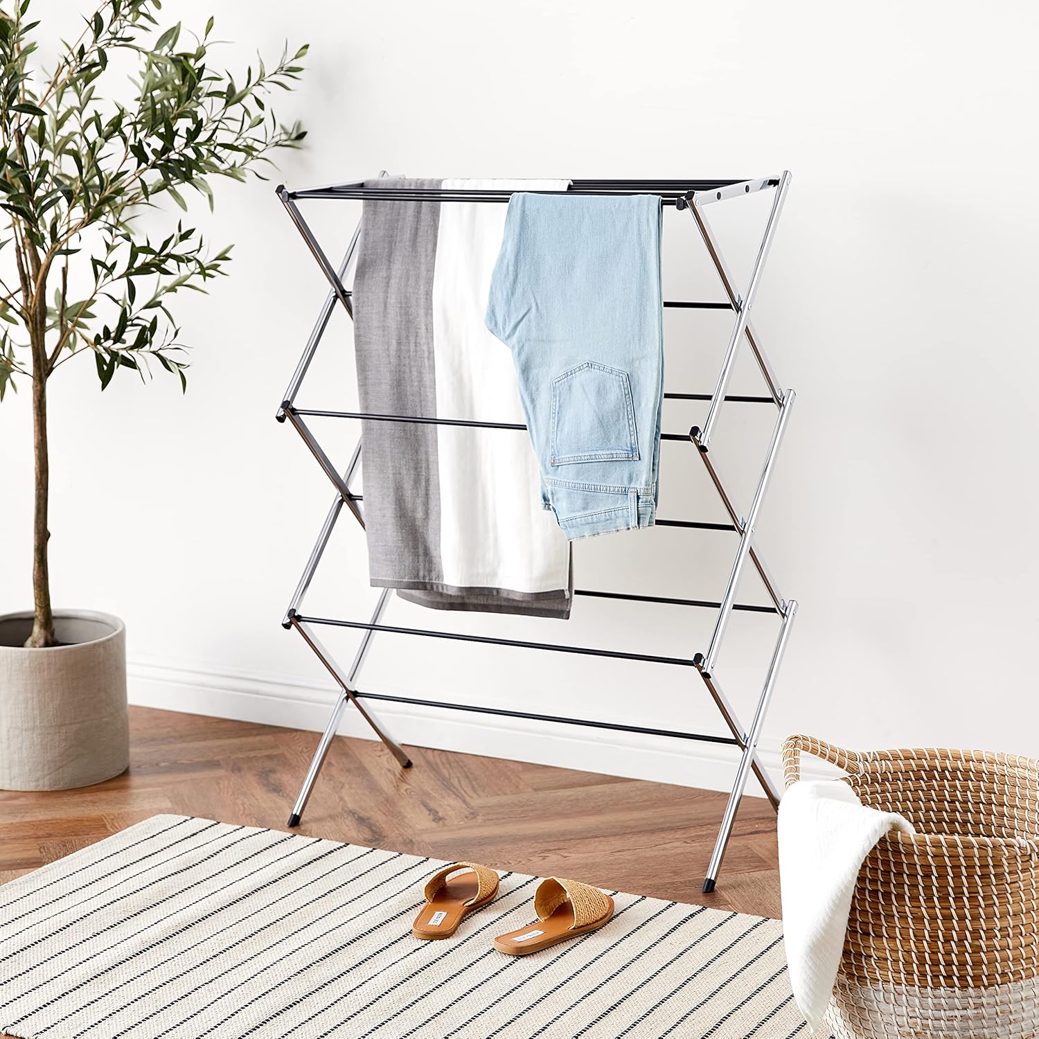 Amazon Basics Foldable Portable Laundry Drying Rack for Indoor Air Drying Clothing, 14.5 x 29.5 x 41.8 inches (LxWxH), Chrome Silver - NestledHome