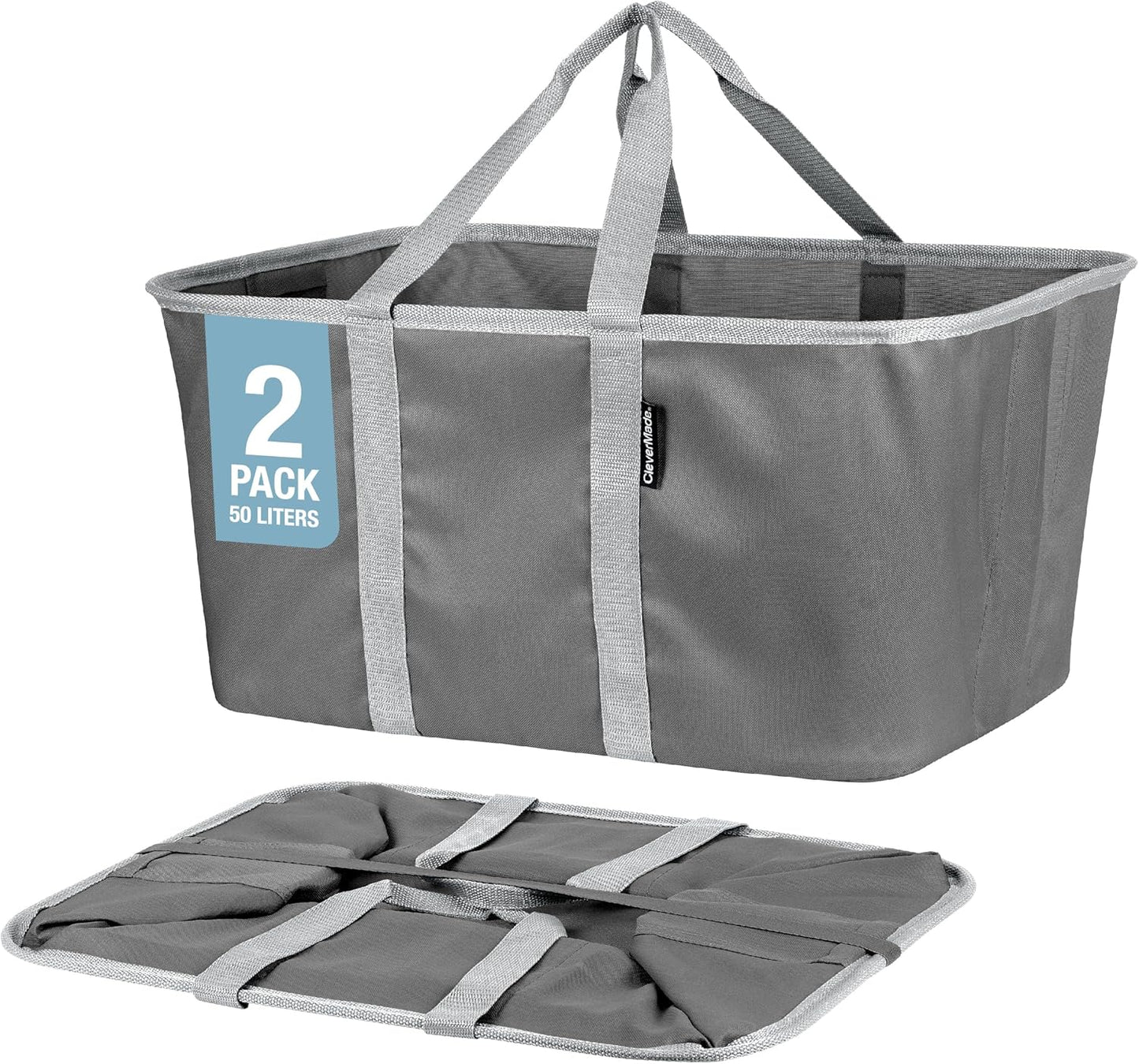 CleverMade Collapsible Laundry Tote - Charcoal Gray 2-Pack 50L - Foldable Storage Organization Container for Clothes Laundry Room Storage Solution - NestledHome