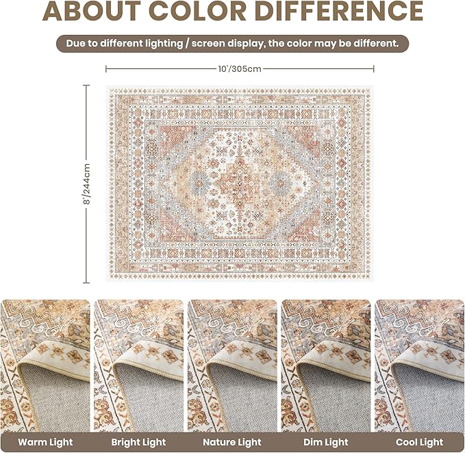 zesthome 8x10 Area Rugs for Living Room,Non-Slip Backing Washable Rugs,Vintage Large Area Rug，Stain Resistant Home Decor Rug (Orange,8'x10')