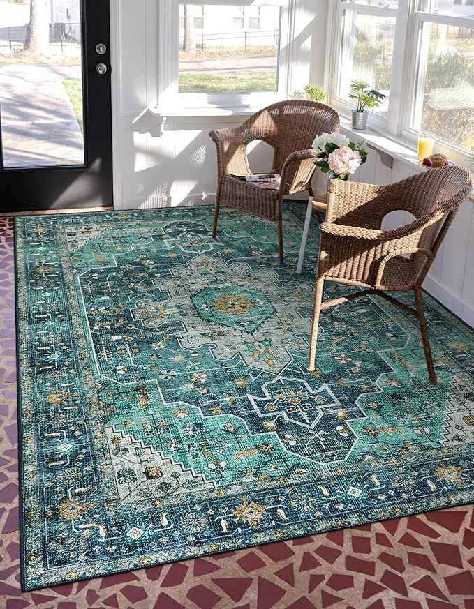 Moynesa Ultra-Thin Washable Vintage Area Rug - 5x7 Large Living Room Rug Boho Oriental Medallion Bedroom Mat Non-Slip Non-Shedding Dining Room Floor Carpet for Home Office, Teal/Mutil