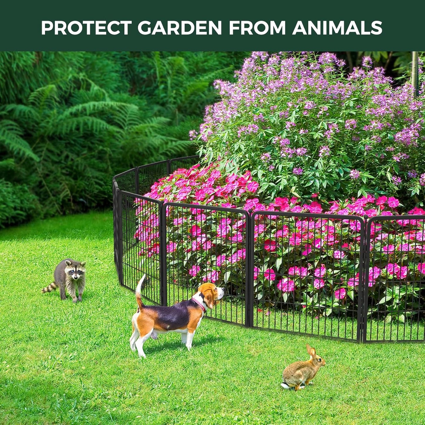 FXW Garden Fence Outdoor for The Yard – 45in(H) x 17.8ft(L) Heavy Duty Metal Animal Barrier for Dog and Rabbit, Decorative Dog Fence, 8 Panels, Black