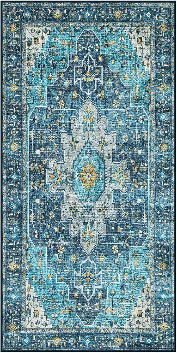 Moynesa 2x4 Teal Vintage Floral Medallion Runner Rug - Machine Washable, Non-Slip, Low Pile, Indoor Use Only