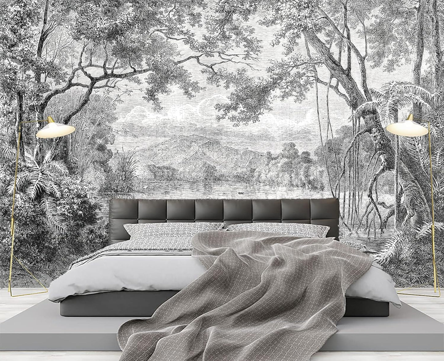 Black and White Tropical Rainforest Wall Mural Wallpaper for Bedroom 103" x 69"