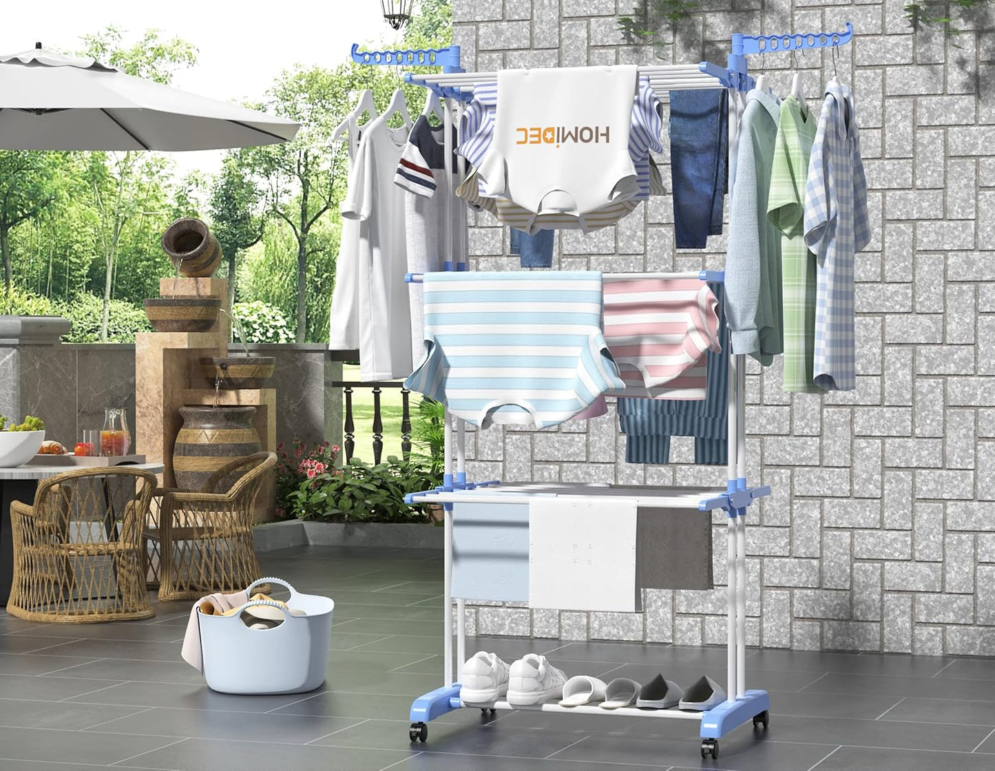 HOMIDEC Clothes Drying Rack, Large 4-Tier Foldable Drying Rack Clothing(67.7H x 19.7W x 30L Inches), Movable Drying Rack with 4 castors. Multifunctional Stainless Steel Laundry Drying Rack, Blue - NestledHome