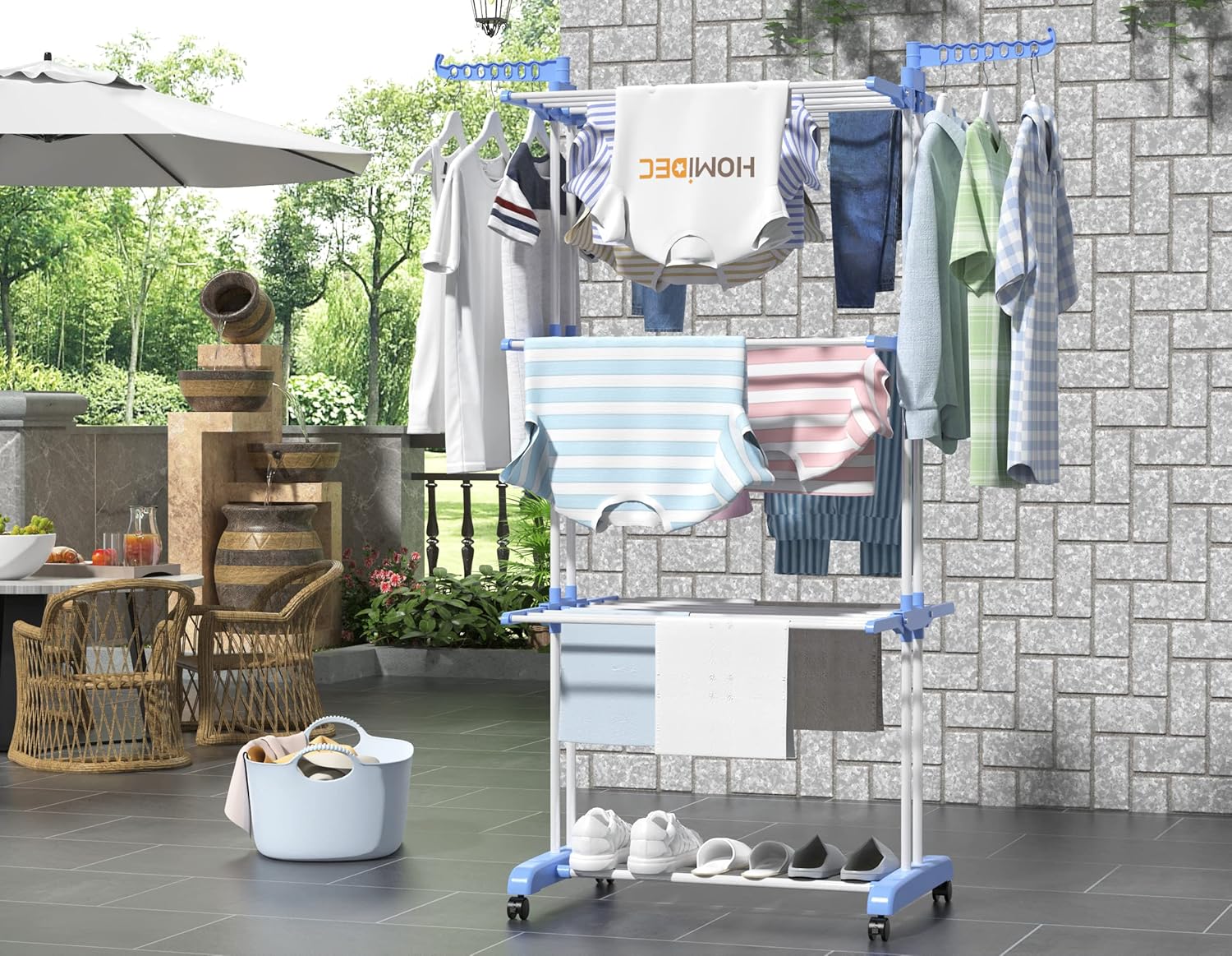 HOMIDEC Clothes Drying Rack, Large 4-Tier Foldable Drying Rack Clothing(67.7H x 19.7W x 30L Inches), Movable Drying Rack with 4 castors. Multifunctional Stainless Steel Laundry Drying Rack, Blue - NestledHome