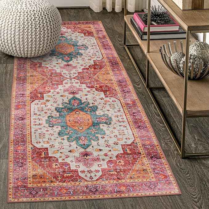 Moynesa Ultra-Thin Washable Pink Runner Rug - 2x6 Washable Long Hallway Rug Runner Kitchen Mat, Oriental Medallion Laundry Room Carpet Runner for Powder Dressing Room Cabinet Bedside Bathroom