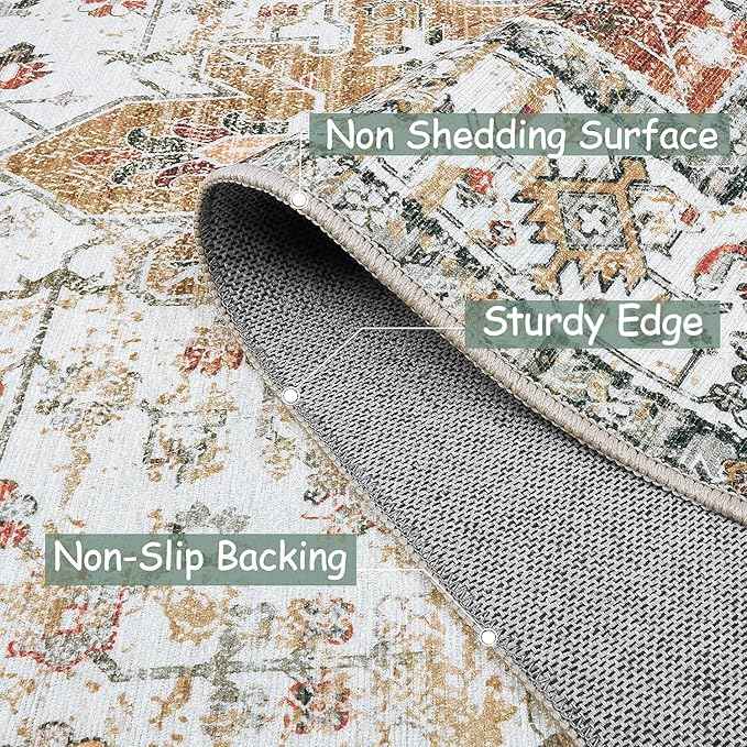 Moynesa Ultra-Thin Washable Area Rug - 4x6 Vintage Living Room Rugs Non-Shed Non Slip, Oriental Low Pile Indoor Accent Floor Carpet for Bathroom Bedroom Laundry Mudroom Entrance, Beige/Gold