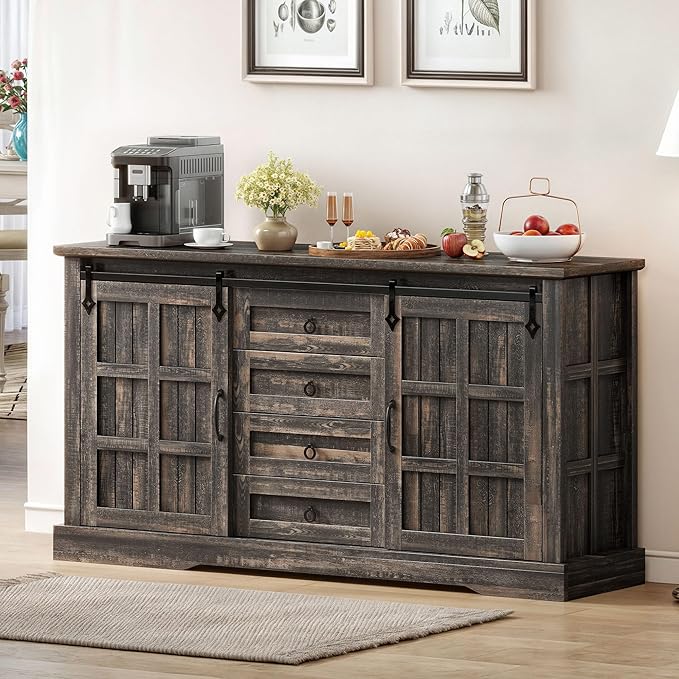 DWVO Farmhouse Sideboard Buffet Cabinet with Storage, Large Kitchen Storage Cabinet w/Sliding Barn Doors and Drawers for Dining Room, Living Rool, Dark Rustic Oak