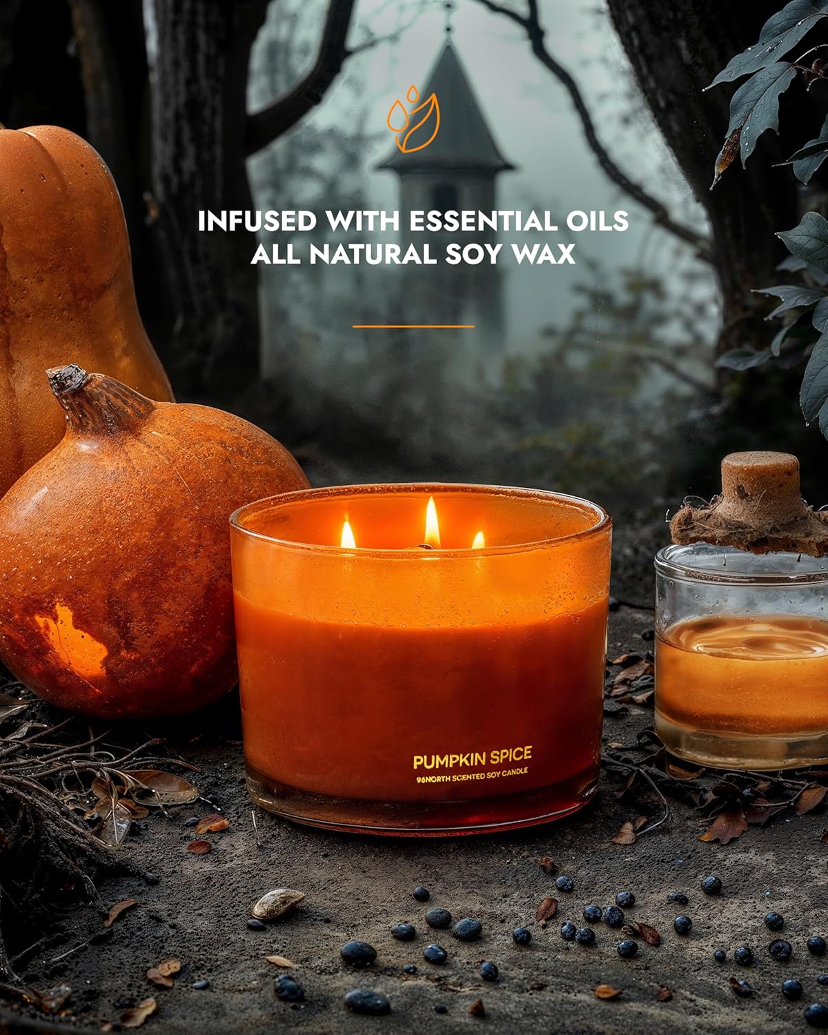 96NORTH Luxury Pumpkin Soy Candle | Large 3 Wick Jar Candle | Halloween & Fall Decor | Up to 40 Hours Burning | 100% Natural Soy Wax | Relaxing Aromatherapy Candle | Halloween Fall Candle Gift - NestledHome