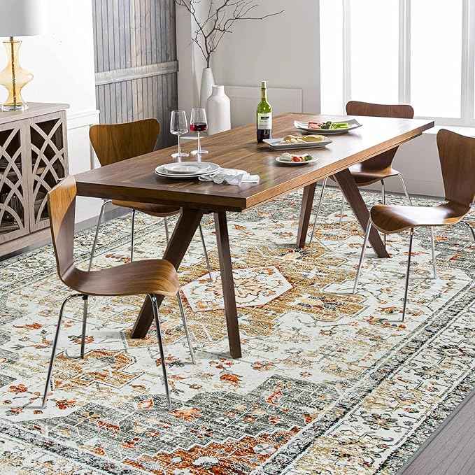 Moynesa Ultra-Thin Vintage Area Rug 6x9, Large Living Room Rugs for Bedroom Aesthetic, Washable Carpet for Under Dining Room Table, Oriental Medallion Printed Low Pile Mat for Office Playroom Dorm