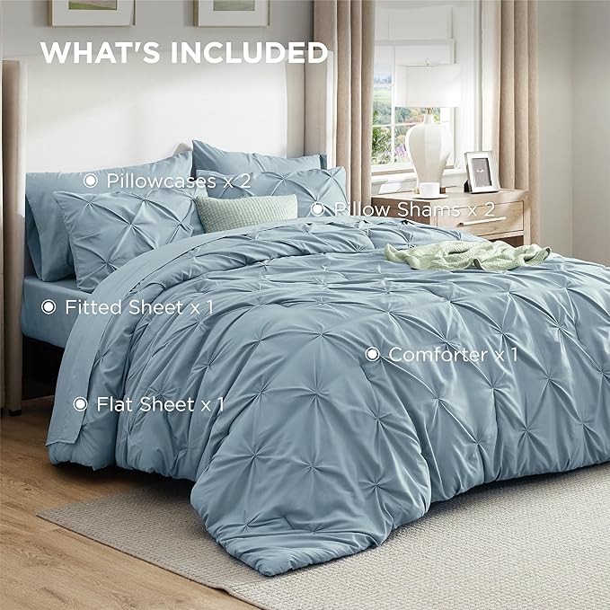 Bedsure Full Comforter Set Light Blue - Bed in a Bag Full Size Bedding Set 7 Pieces, GentleSoft™ Pintuck Bed Set Gift for Family, Pinch Pleat All Season Comforter with Sheets, Pillowcases & Shams