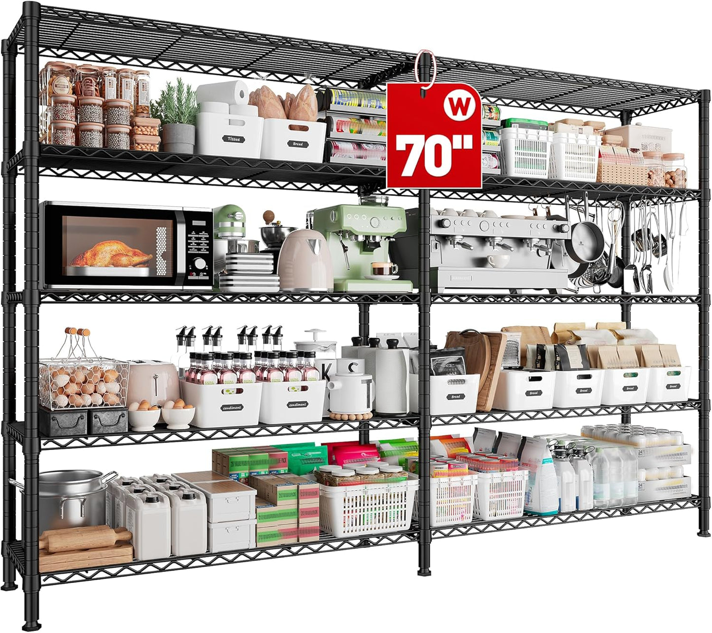 REIBII 70"W Storage Shelves Load 1600LBS, Metal Shelving 5-tier Wire Shelving Unit Metal Shelves for Storage Adjustable Garage Shelving for Pantry Kitchen Garage Commercial school 70"W*15.8"D*72.4"H - NestledHome