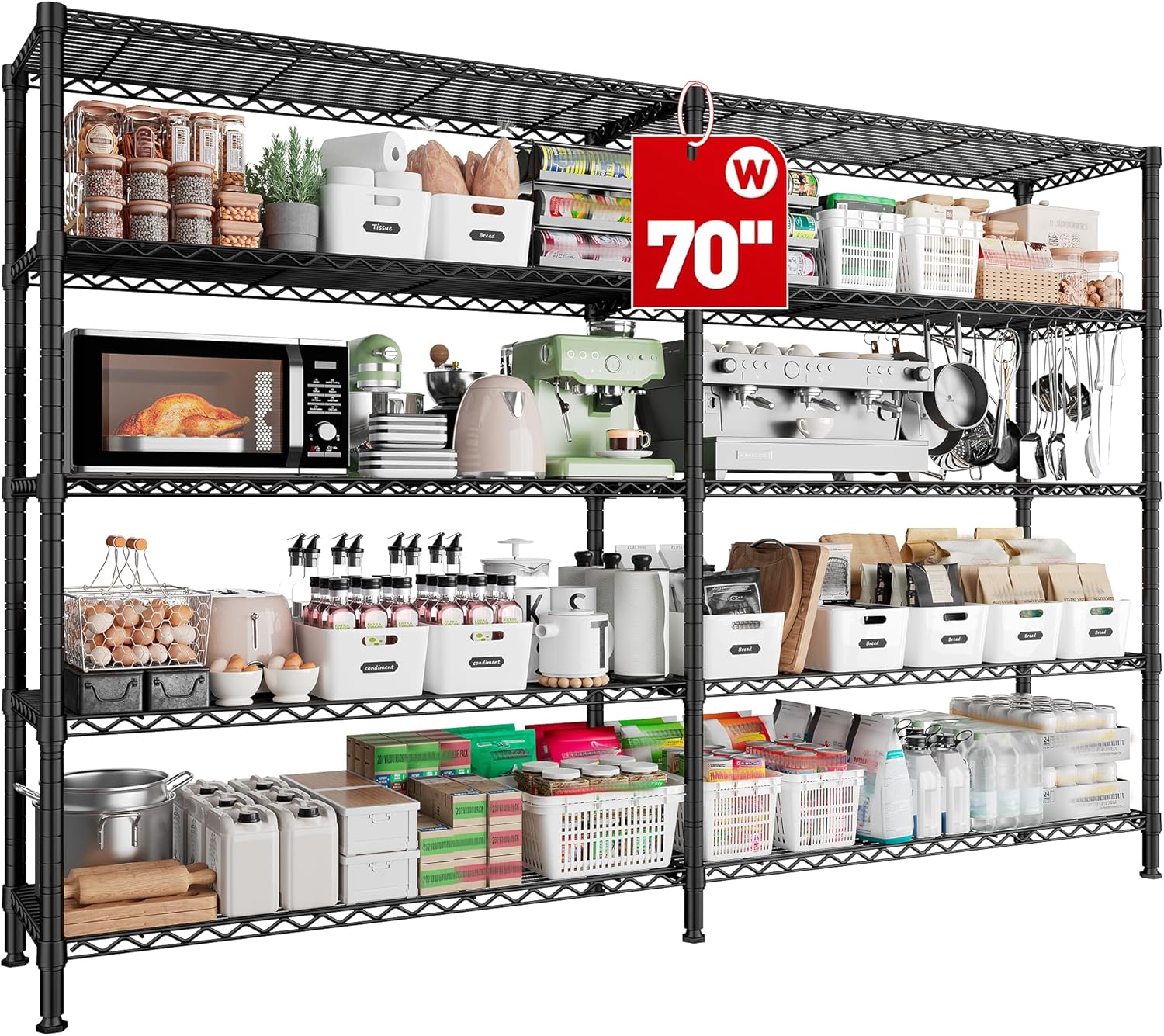 REIBII 70"W Storage Shelves Load 1600LBS, Metal Shelving 5-tier Wire Shelving Unit Metal Shelves for Storage Adjustable Garage Shelving for Pantry Kitchen Garage Commercial school 70"W*15.8"D*72.4"H - NestledHome