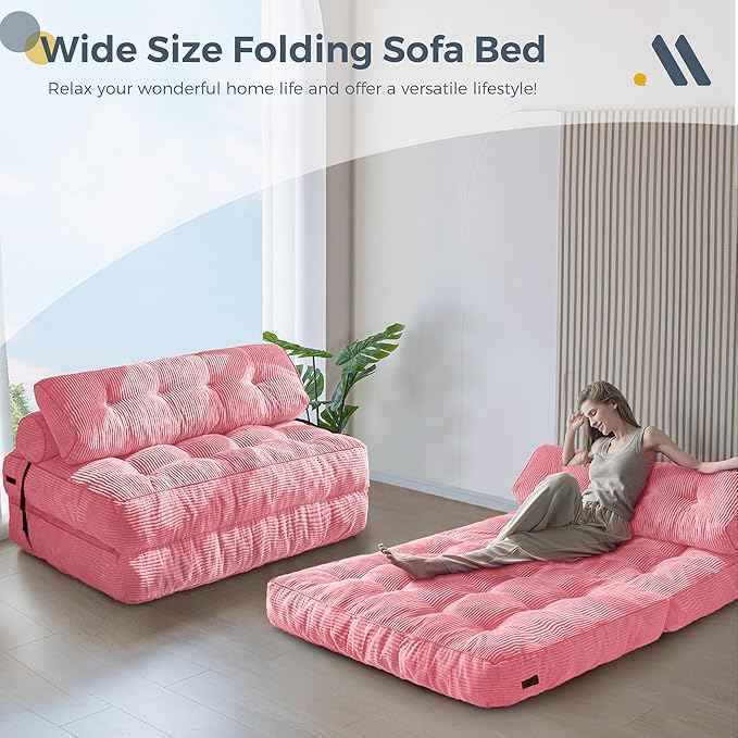 MAXYOYO Folding Sofa Bed, Convertible Sleeper Chair with Pillow Foldable Matress with Back Support, Portable Fold Out Chair Bed Comfy Floor Sofa Lounge for Living Room Bedroom, Pink Double