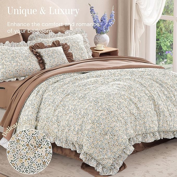 Twin XL Comforter Set - 5 Pieces Ruffle Beige Ditzy Bedding Sets, Shabby Chic Farmhouse Bed in a Bag Twin XL with Floral Comforter, Sheets, Pillowcase & Sham