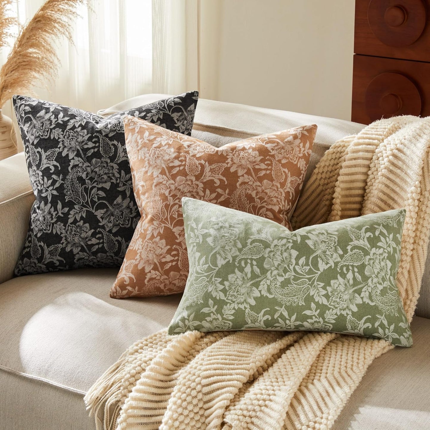 Floral Jacquard Throw Pillow Covers Set of 2, Background/Caramal 22x22 Inch, Farmhouse Decorative Cotton Caramal Cushion Covers for Sofa Bed Living Room Home Decor ﻿