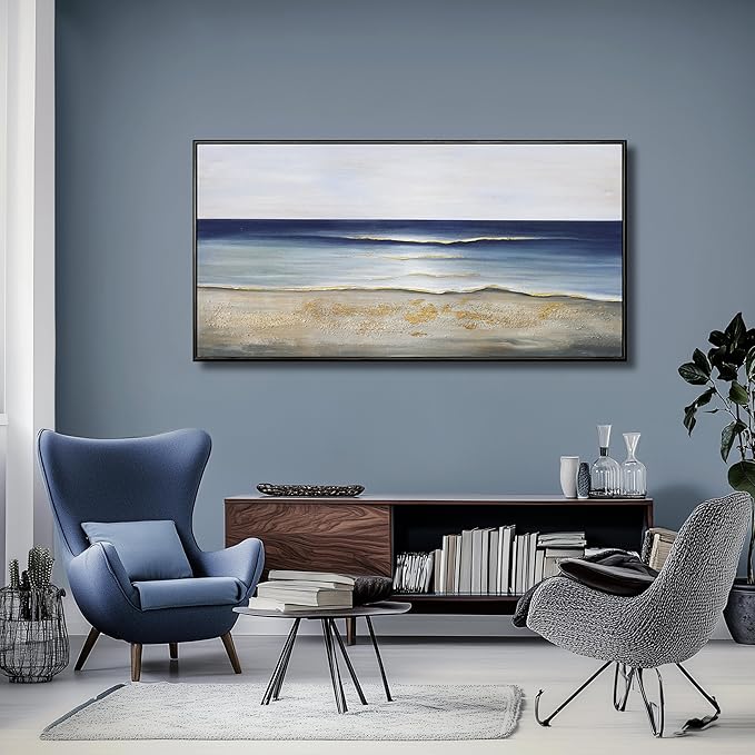 Yuaxker Ocean Wall Art Blue and White Wall Decor Framed Aesthetic Artwork Wall Hanging Canvas Painting for Living Room Bedroom Dining Room Office Home Decor 24x48 Inch