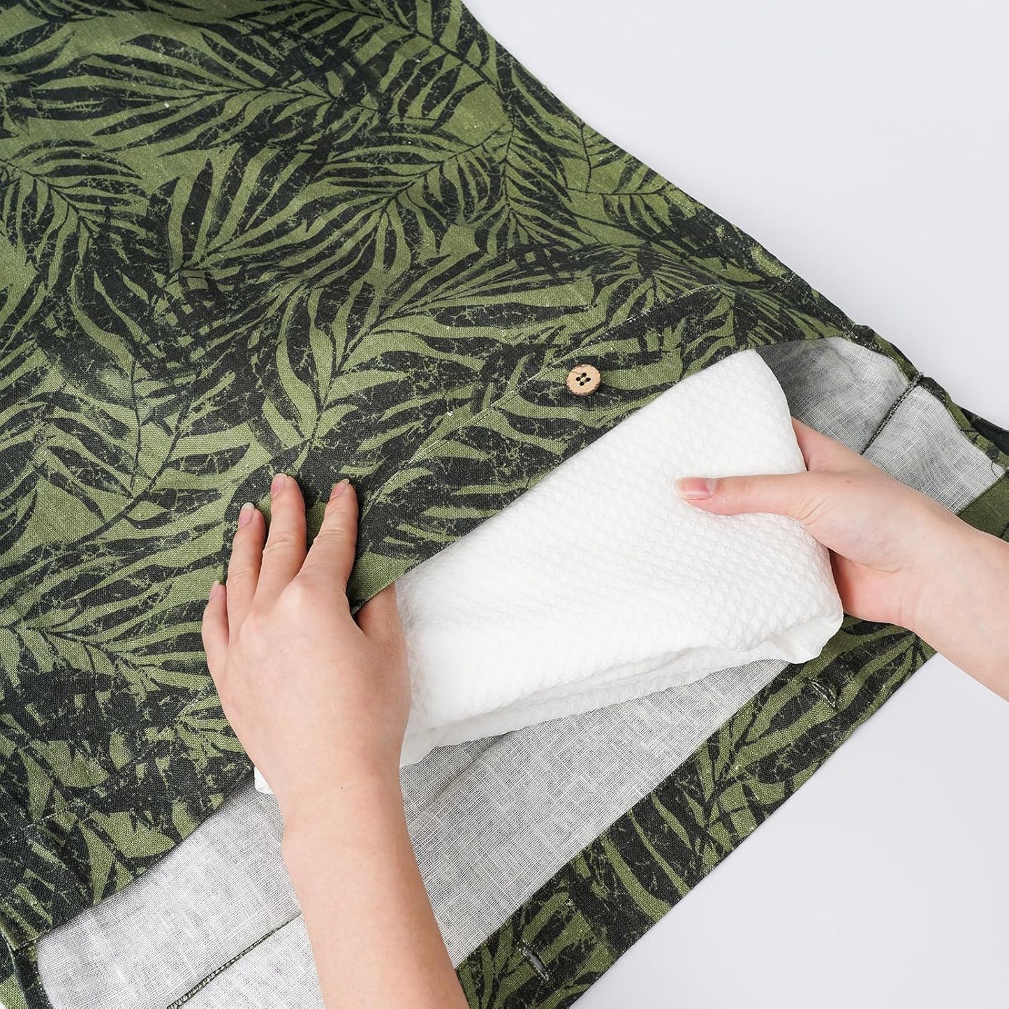 Linen Hanging Laundry Bag, 100% Linen Leaf Print Over The Door Laundry Hamper with Buttons and Zipper, Space Saving Door Hampers for Laundry Dirty Clothes Home Travel, Green, 19.7x27.5inches - NestledHome