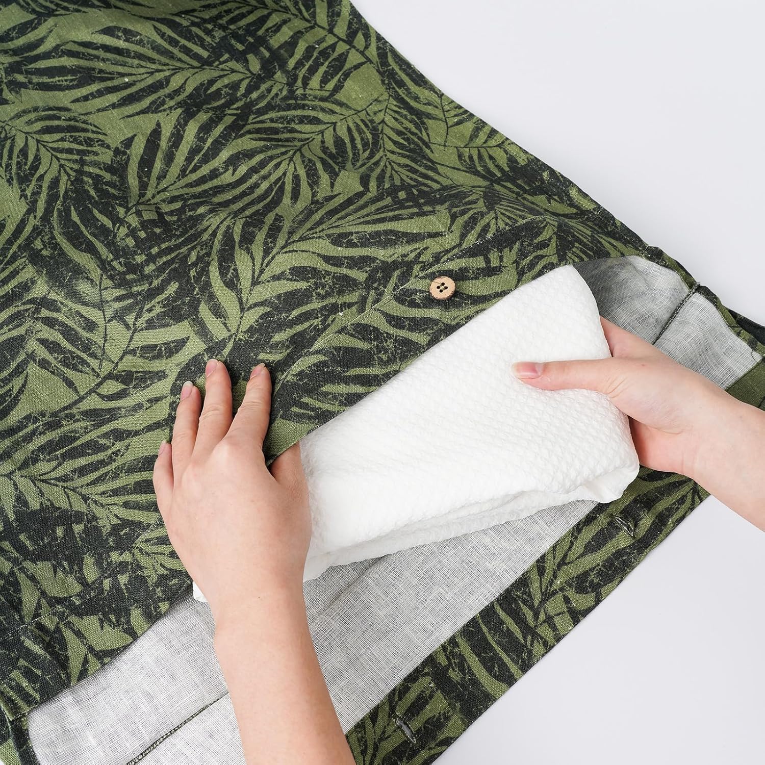 Linen Hanging Laundry Bag, 100% Linen Leaf Print Over The Door Laundry Hamper with Buttons and Zipper, Space Saving Door Hampers for Laundry Dirty Clothes Home Travel, Green, 19.7x27.5inches - NestledHome