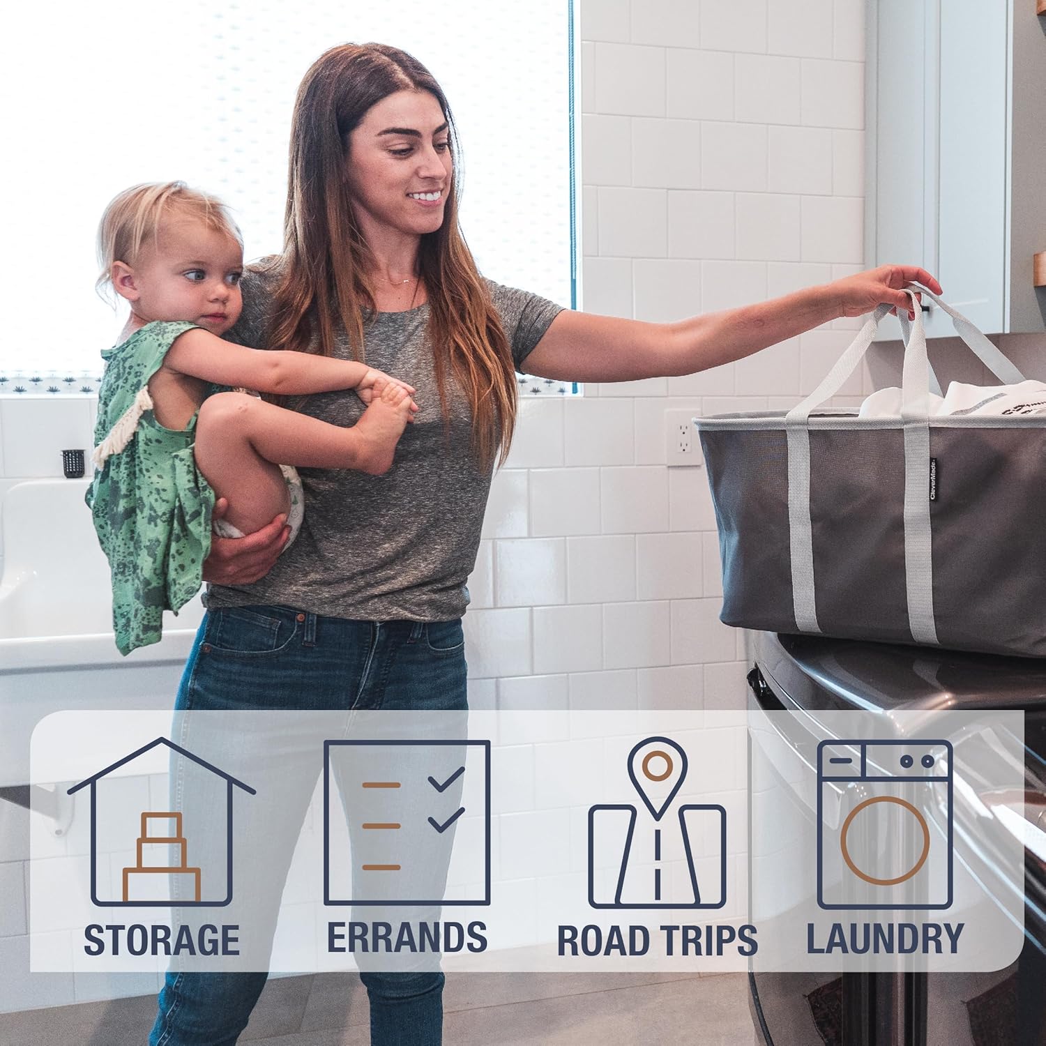 CleverMade Collapsible Laundry Tote - Charcoal Gray 2-Pack 50L - Foldable Storage Organization Container for Clothes Laundry Room Storage Solution - NestledHome