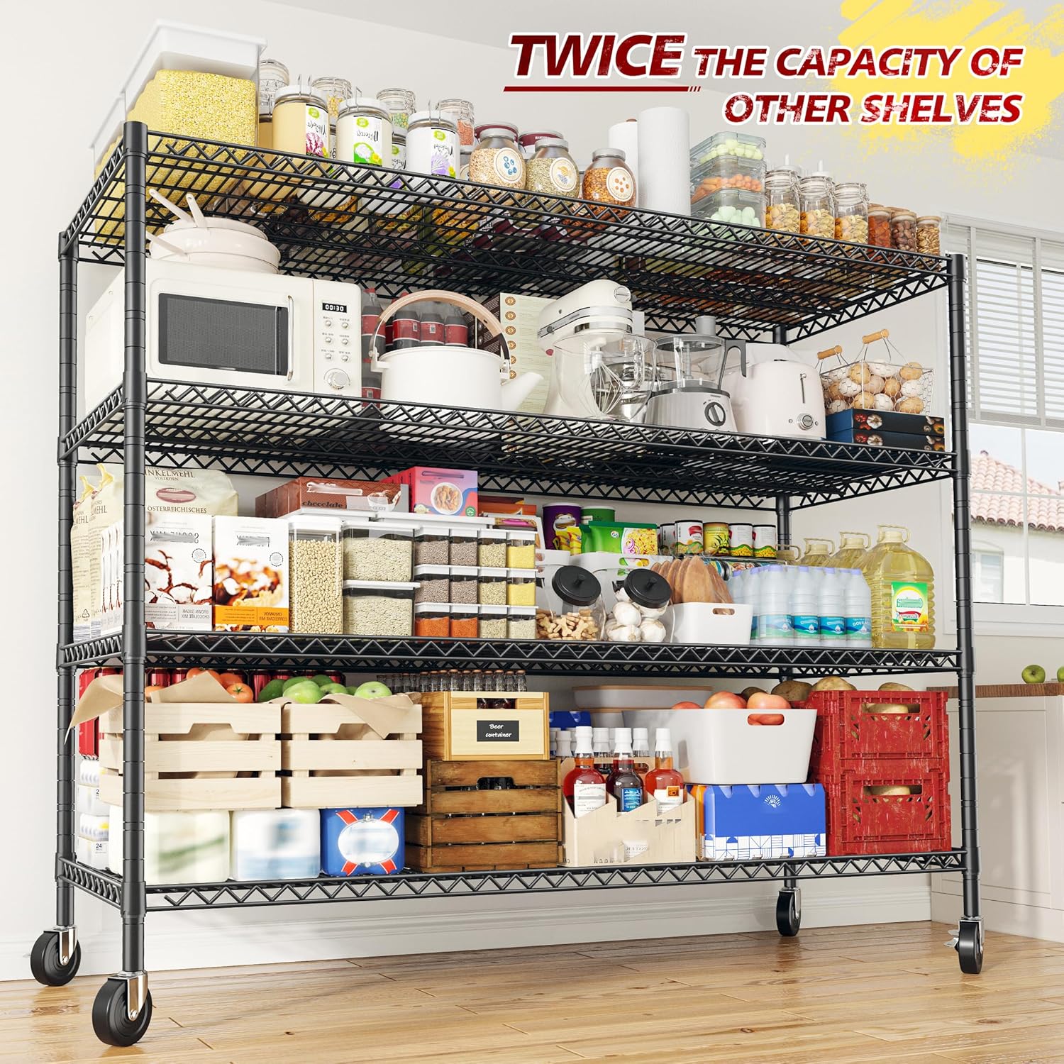 REIBII 55.5''W Storage Shelves 2500LBS Wire Shelving Rack with Wheels 75.6" H Heavy Duty Shelving Unit Adjustable Metal Shelves for Storage Rack Shelving for Kitchen Pantry 2PCS - NestledHome