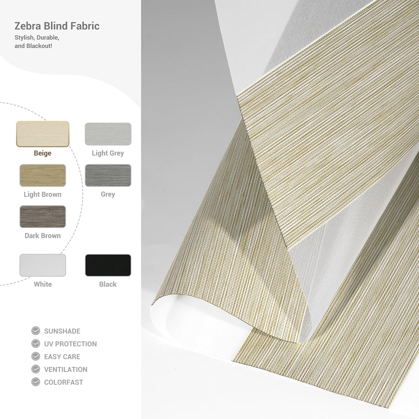 Cordless Zebra Blinds for Windows, Blackout Interior Blinds,Easy to Install,UV Protection,for Offices and Home,Custom Roller Shades, Mousse Beige,20" W x 80" H